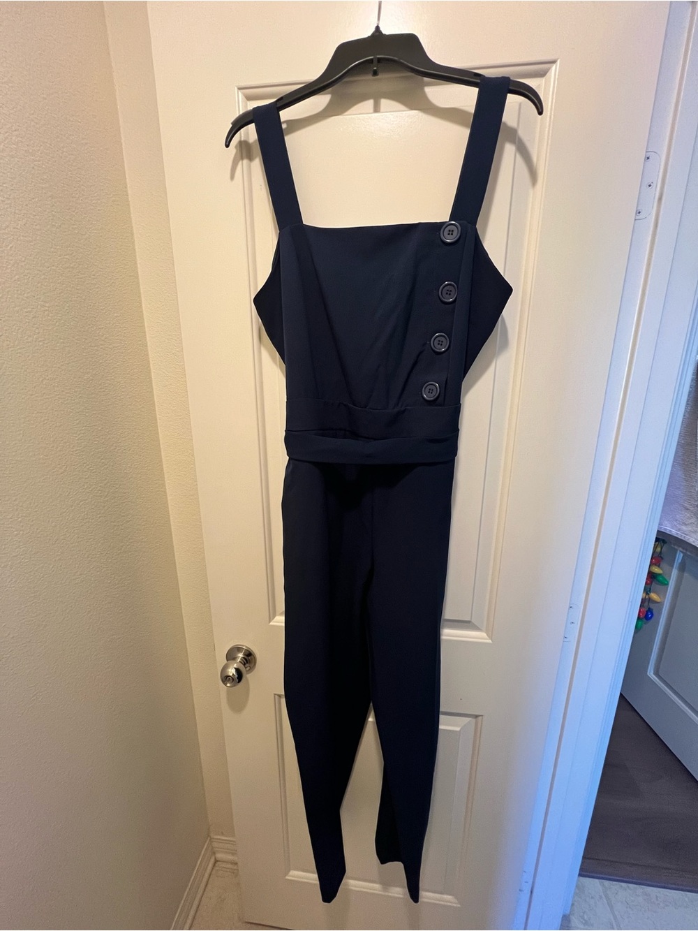 New York & Company Navy Button-Detail Wide-Strap Jumpsuit